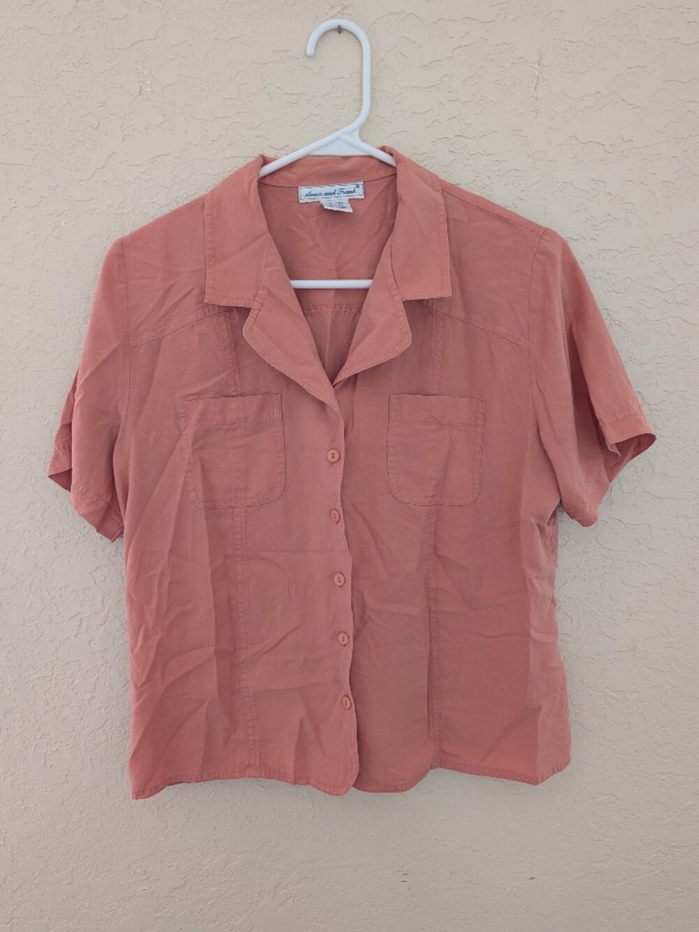 Vintage Anna & Frank 100% Silk Collared Short Sleeved Button Up Blouse Size M